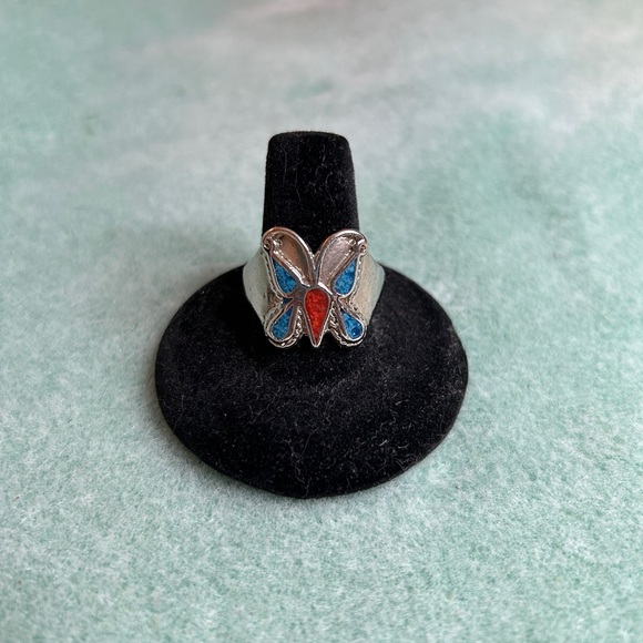 RARE VINTAGE SILVER CORAL & TURQUOISE BUTTERFLY RING NAVAJO NATIVE AMERICAN RING - Picture 1 of 3